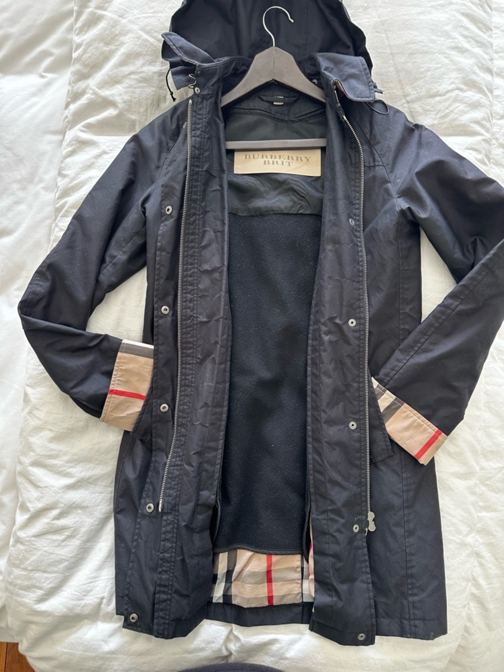 Burberry Brit Black Hooded Raincoat with Signature Check Cuffs and Wool Liner